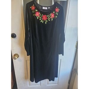 Quacker Factory Black Velvet Poinsettia Christmas Dress Women Plus Size 1X Long